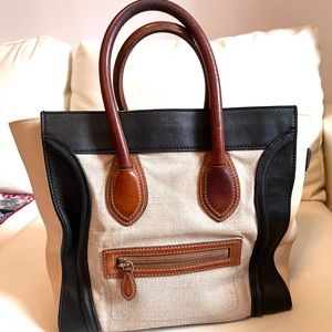 Celine luggage canvas black leather trim brown tote bag